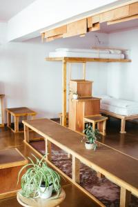 莱比锡旅舍和伊甸花园的一间设有桌子和一张双层床的客房,并种植了盆栽植物