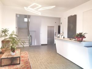 斯波托尔诺RTA阿根廷住宅公寓的厨房以及带柜台和植物的客厅。