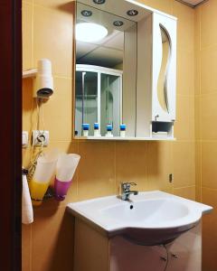 蒂米什瓦拉弗朗切斯卡酒店的浴室设有白色水槽和镜子