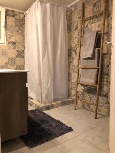 雅典Vintage apartment , 700m from metro的浴室设有淋浴帘和带毛巾的架子。