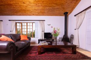 马加利斯堡Olive Tree Farm的客厅设有真皮沙发和木制天花板