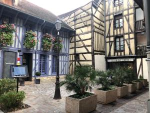 特鲁瓦Le Paillot de Montabert的一座有盆栽植物和街灯的古老建筑