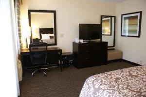 洛杉矶维斯特伍德皇宫酒店 的酒店客房配有一张床、一张书桌和一台电视。