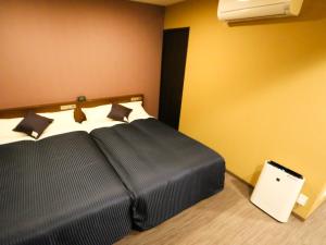 安约马奇HOTEL LiVEMAX Mikawaanjo Ekimae的酒店客房,配有一张黑色毯子床