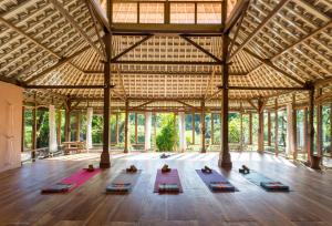 贾蒂卢维普拉纳黛维山区度假酒店的馆里的瑜伽课,人们在瑜伽垫上参加
