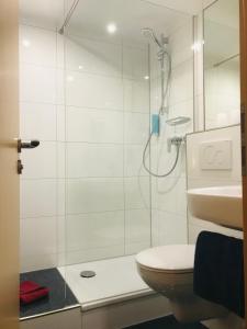 盖瑟克44号汽车旅馆的带淋浴、卫生间和盥洗盆的浴室