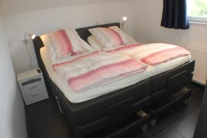 文迪施里茨5*Ferienwohnung Seeblick 4的一张带粉色和白色毯子及枕头的床