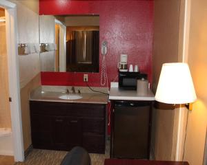 沙科皮沙科皮法鲁斯特旅馆的一个带水槽和红色墙壁的厨房