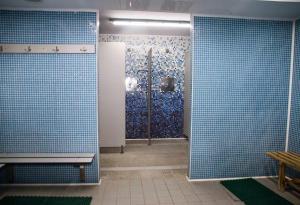 阿耶圭Albergue Municipal San Cipriano的浴室设有蓝色瓷砖墙壁和淋浴。