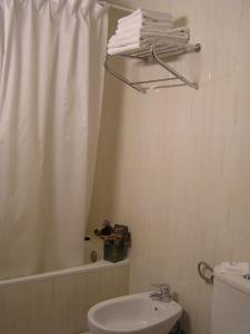 比利亚夫利诺拉布拉尼娜酒店的浴室配有淋浴帘、卫生间和盥洗盆。
