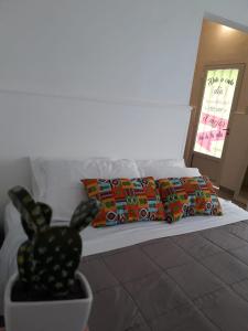 福尔摩沙Apartamento Uriburu-Con Cochera的一间卧室配有带枕头和仙人掌的床。