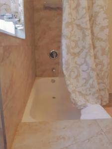 圣巴巴拉秘密花园别墅酒店的带淋浴帘和卫生间的浴室