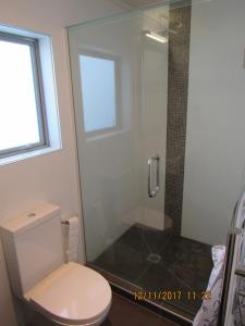 奥克兰Castor Bay Homestay的一间带卫生间和玻璃淋浴间的浴室