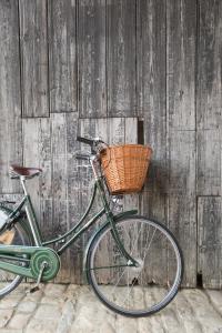 莱奇莱德Thyme的一辆绿色自行车,车篮停在木墙边