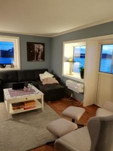 萨维兰德Seaview apartment Karmøy的带沙发和咖啡桌的客厅