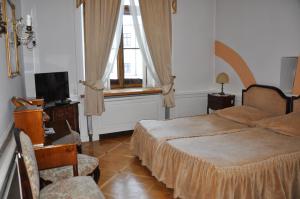 普乌图斯克Hotel Zamek Pułtusk Dom Polonii的一间卧室设有一张床、一台电视和一个窗口。