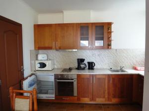 科沙利萨湾景别墅 - 豪华别墅度假村的厨房配有木制橱柜、水槽和微波炉