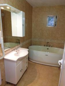 卡赞勒克Хотел ЗЛАТНА КОТВА的带浴缸、水槽和镜子的浴室