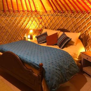 基尔肯尼McClure Yurt at Carrigeen Glamping的蒙古包内一间卧室,配有一张床