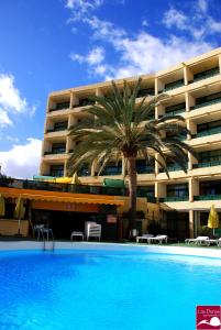 英格兰海滩沙丘公寓的一座棕榈树建筑前的大型游泳池