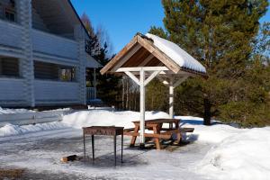 GorodetsEco Hotel Noviy Kovtcheg的雪地里的野餐桌和雨伞