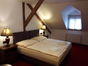 新比斯特日采福格酒店的一间卧室设有一张大床和一个窗户。