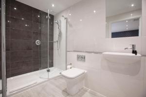 吉尔福德阿斯帕里安酒店的浴室配有卫生间、淋浴和盥洗盆。