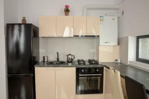 北马马亚-讷沃达里Studio Ambiance , Mamaia的厨房配有黑冰箱和白色橱柜。
