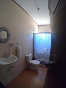 南圣胡安Hostal Augustos的带淋浴、卫生间和盥洗盆的浴室