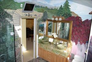 圣布鲁诺Luxury 5 Bedroom Home near SFO的一间带水槽的浴室和墙上的电视