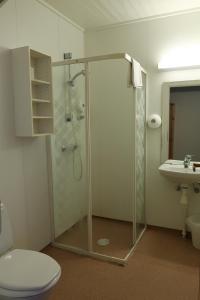 安德内斯Fredheimbrygga的带淋浴、卫生间和盥洗盆的浴室