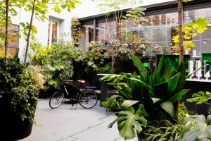马德里珀蒂宫圣巴巴拉高科技酒店的一座建筑前方的一座种植了植物和自行车的庭院