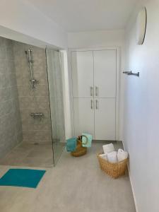 波莫斯Mourayio Apartments的带淋浴的浴室和玻璃淋浴间