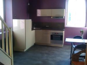 谢瓦布朗克米兰红磨坊阁楼酒店的厨房设有紫色墙壁、冰箱和桌子