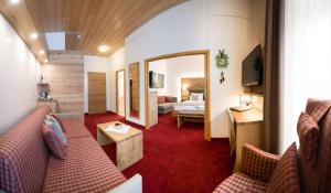 托特瑙Das Waldhotel - Genuss & Wellness am Notschreipass的带沙发的客厅和卧室