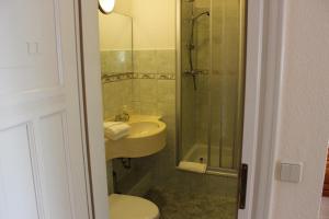 韦尼格罗德Villa Jagdhaus的一间带水槽、淋浴和卫生间的浴室