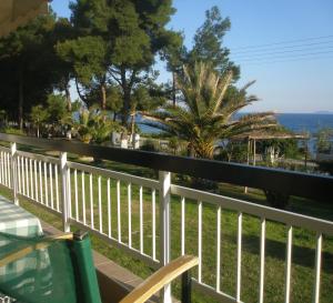 梅塔诺佛希斯Metamorphosis - Halkidiki Apartment on the beach的阳台拥有白色的围栏和棕榈树。