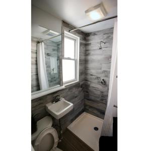 波士顿Boston Homestel的一间带水槽、卫生间和镜子的浴室