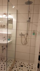 巴特萨尔茨乌夫伦哈菲兹酒店的带淋浴和盥洗盆的浴室