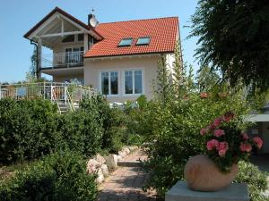 乌尔丁根-米赫尔霍芬ferien-domizil-schneider的一座有红色屋顶和灌木的房子