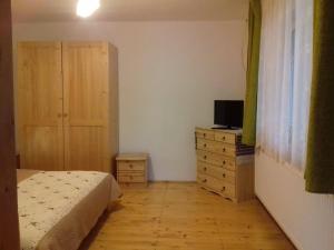 OcolişCasa din prund Ocolis的一间卧室配有一张床、梳妆台和电视。