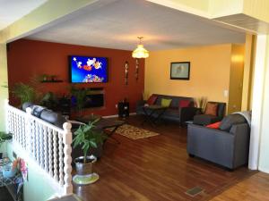 尼亚加拉瀑布Gracies Fallsview Getaway的客厅配有沙发和墙上的电视