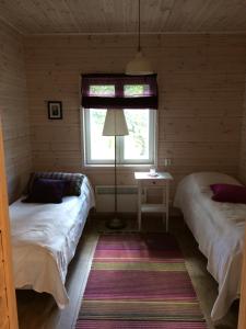 YlämyllyOllilan tupa Joensuun lähellä的小型客房 - 带2张床和窗户