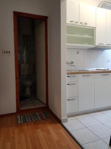 科尔丘拉Accommodation Drasko的厨房配有白色橱柜、水槽和卫生间。