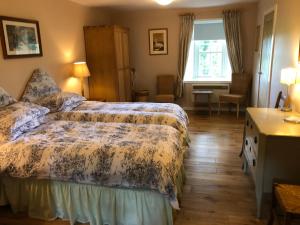 阿伯雷蒂Luffness Castle Cottage的一间卧室配有一张床、一张书桌和一个窗户。