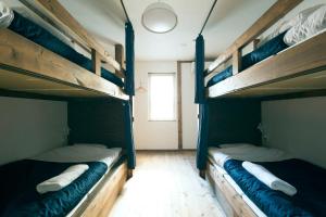小樽Otaru Tap Room & Hostel的带窗户的客房内的两张双层床