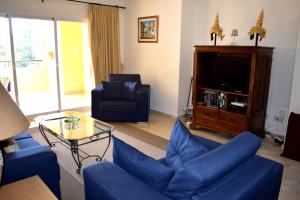 马贝拉Greenlife Village Apartment的客厅配有蓝色的沙发和电视