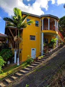 LaborieSunset Lane的一座黄色房子,前面有一棵棕榈树