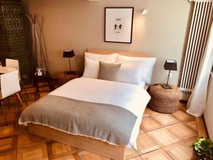 楚格航空之间市中心最佳公寓的一间卧室配有带白色床单和枕头的床。