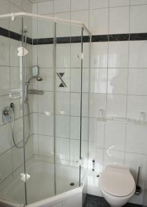 伊斯马宁Hotel und Gasthof Soller的带淋浴、卫生间和浴缸的浴室